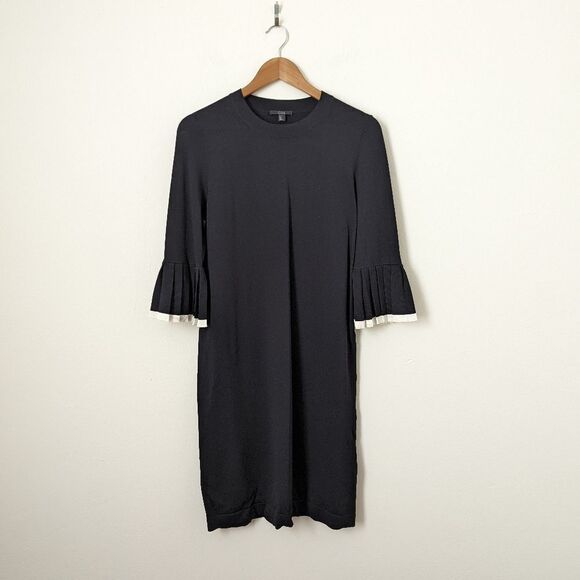 COS navy blue white trim crewneck ruffle long sleeve knitted midi dress - Picture 2 of 6
